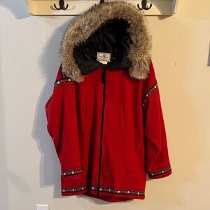 Wintergreen northwoods apparel Red Hooded Coat with Fur Trim with matching mitts